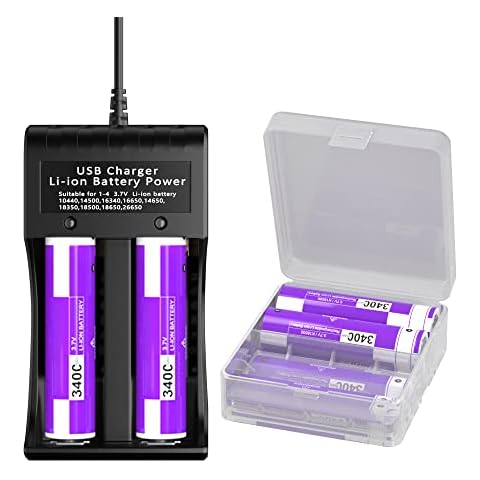 4 Pack rechargeable battery+USB Battery Charger 3.7V 3400mAh 20A High Flat Top Batteries Rechargeable for VapINKit, Flashlight, Camera, Small Fan, Sound Equipment, doorbell Cover