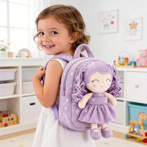 Image of Gloveleya Kids Backpack Toddler Girl Gift Plush Curly Hair Doll Backpack - Purple 9''