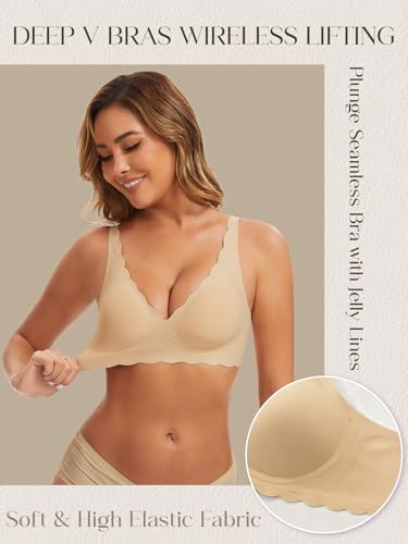 Image of Seamless Wavy Bra Wireless Jelly Bralette Low Cut Deep V Neck Bras | Adjustable Straps, Sexy Plunge Bra, Removable Pads, High Elastic Fabric, Scalloped Edges, Deep V Bras for Women No Underwire