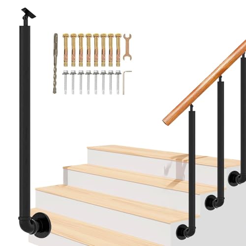 Balustres d'escalier en fer forgé noir en forme de L avec kit d'installation pour marches en béton et en bois, rampe, balustrade, poteau unique (104,9 cm)