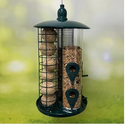 3-in-1 Bird Feeder – Hanging Seed, Peanut & Fat Ball Feeder – Triple Tube Garden Feeder with Tray – Dark Green
