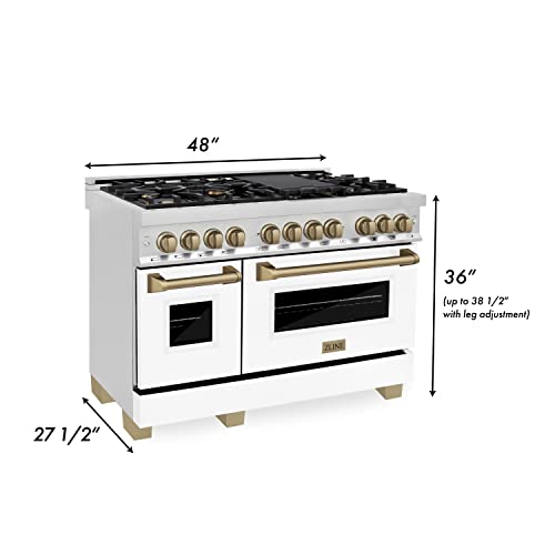 Zline Autograph Edition 48" 6.0 Cu. Ft. Dual Fuel Range With Gas Stove And Electric Oven In Stainless Steel With White Matte Door And Champagne Bronze Accents (Raz-Wm-48-Cb) #TOP1