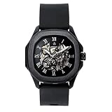 ASKUM Orologio automatico quadrato scheletro in acciaio inossidabile con cinturino in silicone (nero)