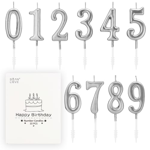 Beanlieve 10-Pieces Numeral Birthday Candles - Cake Numeral Candles Number 0-9 Glitter Cake Topper Decoration for Birthday Wedding Anniversary Party Celebration (Silver)
