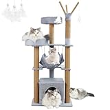 yuyuepetzone Arbre à Chat, 126 cm Hauteur Multi-Niveaux Griffoir Tour d'escalade Jeux Arbres d'activité avec Poteaux à Griffer, Hamac, 2 Plateformes, Boule en Peluche Amovible pour Petite Chats (Gris)