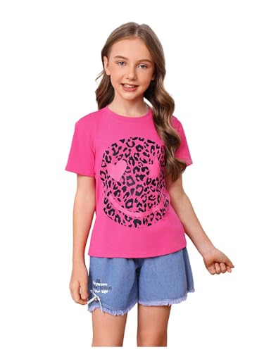 Image of WDIRARA Girl's Leopard Graphic T Shirt Crew Neck Short Sleeve Tee Shirts Cute Tops