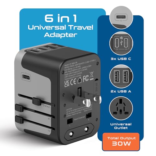 Image of Universal Travel Power Adapter, Ceptics 6 in 1 Worldwide International Wall Charger with 2X USB-A - 3X USB-C 6A, Travel Power Adapter for for USA EU UK AUS Mobiles Laptops Cameras, UP-30KU-BL