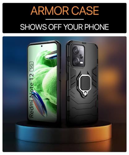 Image of WOW IMAGINE Shock Proof Back Case Mobile Cover for Xiaomi Redmi Note 12 5G | Poco X5 5G | Back Cover Case (Tough Armor | Hybrid PC + TPU | Ring Holder & in-Built Kickstand | Black)