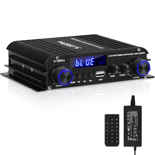 Bluetooth Amplifiers Stereo Audio Receivers Amp for Home Speakers S-188Pro RMS 50WX2+60W 2.1 Channel Max 600W Output Mini Power Amplifier w/FM Radio, Echo, MIC, USB, SD Input for Home Audio