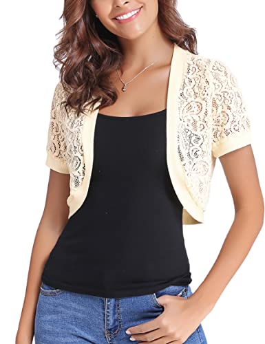 Totatuit Lace Cropped Bolero Cardigans For Women Short Sleeve Shrugs For Dresses Short Floral Sheer Jackets Thin Summer Open Front Sweaters Lightweight Bolero Shrug For Wedding Apricot L #TOP1