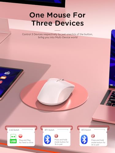 RAPIQUE Bluetooth Wireless Mouse - Dual Bluetooth & 2.4 GHz USB Receiver, Ergonomic Design, Quiet Clicks, Low Power - Multi-Device Compatibility for MacBook, Laptop, Computer, iPad Air/Pro (Pink)