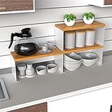 Home Front Wood-Top Stackable Kitchen Rack Modern Counter Shelf Organizer with Steel and Wood, Small White