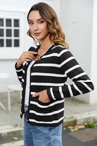 Striped Cardigan Sweater for Women Casual Lightweight Knitted Cardigans Long Sleeve Button Down Pocket Cardigan Top2