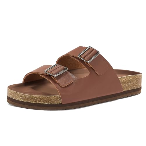 Image of ZURIN Genuine Leather Sandals for Women,Cork Footbed Slide Platform Sandals with Arch Support, Suede Double Buckle Slip On Slides for Summer Beach Walking Indoor Outdoor
