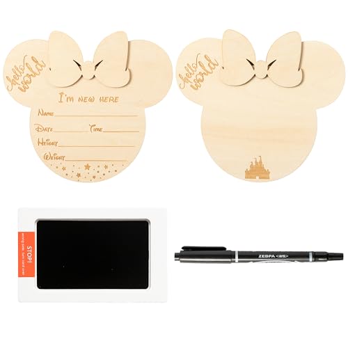 Image of Mouse Baby Birth Announcement Sign with Marker Pen, Wooden Newborn Sign with Ink Pad for Baby Girl Hand and Footprints, Hello World Baby Arrival Photo Prop for Baby Shower Birthday Gift Keepsakes