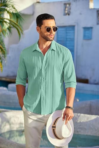 Image of DEELMO Men's Button Down Dress Shirts Textured Long Sleeve Casual Hawaiian Beach Shirt