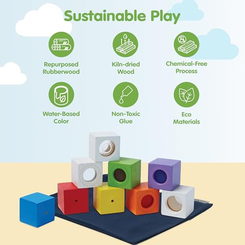 Image of PlanToys Sensory Activity Blocks for Toddlers - 9-Piece Set with Visual, Auditory & Tactile Stimuli - Montessori Toy with Storage Bag - Wooden Learning Toy for Babies & Kids Ages 12 Months+