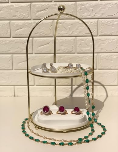 Image of White and Gold Metal 2-Tier Cake Stand Snack Platter for Home Decor (White)