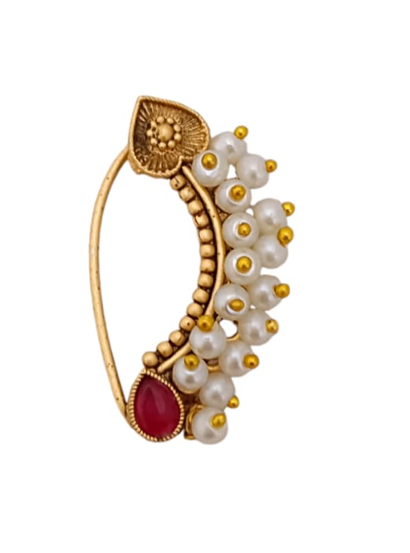 EVY Maharashtrian Nath CZ Nose Stud Traditional Bridal Nath Wedding Jewellery Marathi AD Nose Stud Clip on Pearl Gold Plated Pressing Nath Nose Ring For Girls (Nose ring_P4 Design 5) (B0DFHHG9XY) Amazon Price History, Amazon Price Tracker