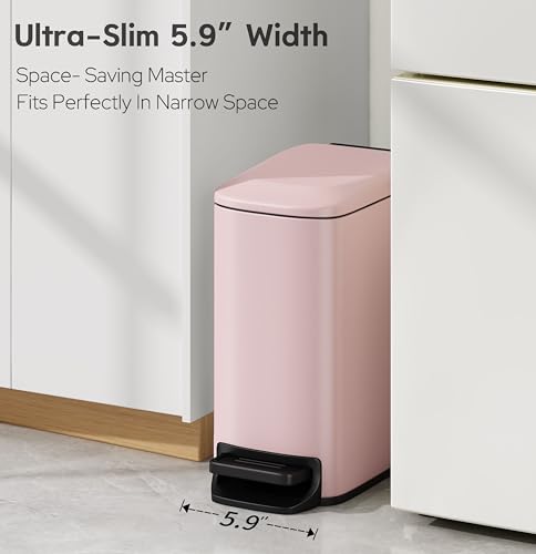 Image of TIPGO Small Bathroom Trash Can with Lid, 1.6 Gal, Soft Close, Pink
