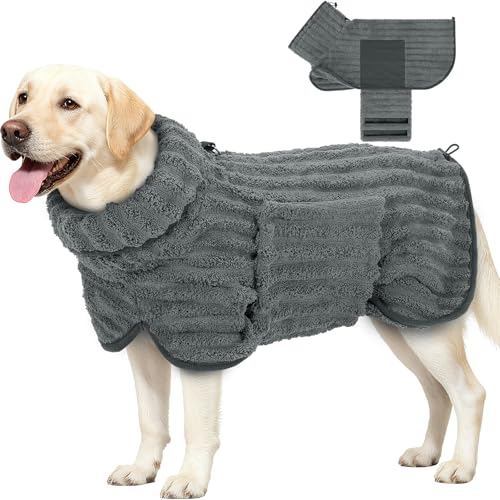 Woiil Hundebademantel aus Mikrofaser, Ultra Saugfähiger Bademantel Hund, Mit Klettverschluss Und Verstellbarem Gummizug, Maschinenwaschbar, Geeignet Für Große, Mittlere Und Kleine Hunde, Grau (L)