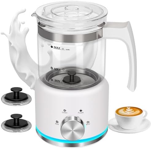 Milk Frother, 16.9 OZ Milk Frother and Steamer, 4 in 1 Electric Milk Frother Dishwasher Safe, Durable Silent Working Frother for Coffee, Hot and Cold Foam Maker, White Glass