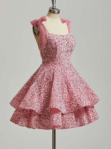 UZN Tiered Sequin Short HOCO Dresses 2025 with Bow Homecoming Dress for Teens Sparkly Cocktail Party Gown3