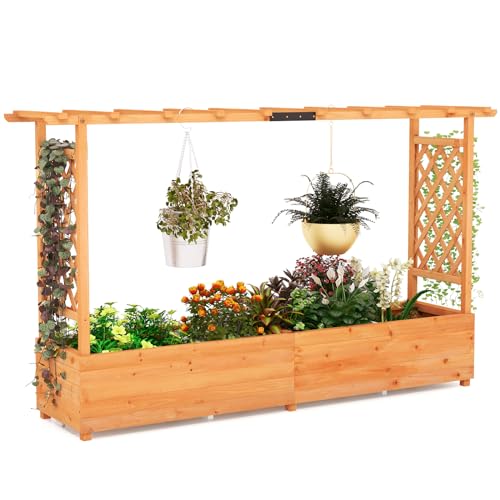 COSTWAY Garden Planter with Trellis, Hanging Roof and Drainage Holes, Weather-Resistant Wooden Raised Bed for Vine Climbing Plants, Outdoor Trough Container Grow Box Flower Pot (Orange, 200x44x114cm)