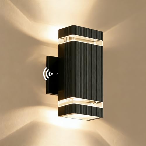 Image of JYV Dusk to Dawn Square Outdoor Wall Lights, Up and Down Porch Lights,Black | Aluminum Exterior Lighting Fixtures with 2 * 7W Bulbs 3000K, Waterproof Outdoor Sconces Wall Lighting, for House Porch Garage