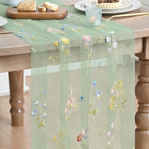 Artoid Mode Chemin de table en tulle vert sauge avec broderie herbe et fleurs sauvages - 70 x 300 cm - Décoration de table de cuisine en intérieur, décor de fête/vacances