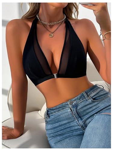 SHENHE Women's Front Closure Halter Neck Plunge Bra Non Padded Contrast Mesh Bralette4