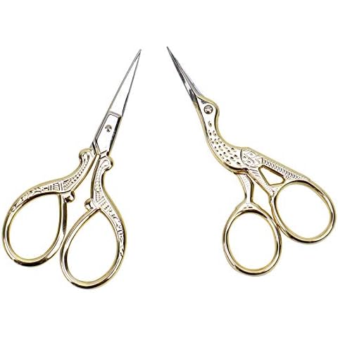 AQUEENLY Embroidery Scissors, Stainless Steel Sharp Stork Scissors for Sewing Crafting, Art Work, Threading, Needlework - DIY Tools Dressmaker Small Shears - 2 Pcs (3.6 Inches, Gold) Cover
