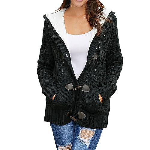 JEsilunmaMY Womens Baggy Fleece Buttons Hooded Sweaters Long Sleeve Fall Winter Warm Cardigans Cable Knit Outwear with Pocket