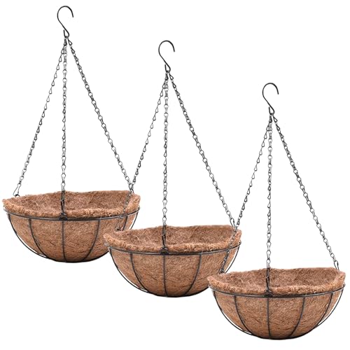 EIMQUVW Hanging Planters Basket Set of 3 Hanging Flower Pots 10 Inch Chain Round Wire Plant Holder with Coco Coir Liner Garden Watering Hanging Baskets for Patio Garden Outdoor1