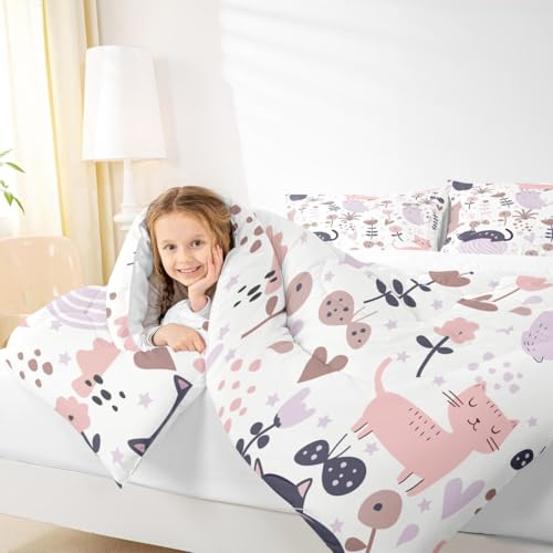 Image of Feelyou Cartoon Comforter Twin Size, Cute Kitten Print Comforter Set for Kids Toddler Kawaii Cats and Flowers Comforter Set Animal Themed Duvet Set Durable Quilt Set