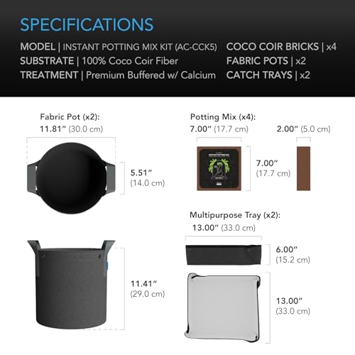 AC Infinity Instant Potting Mix Kit, 2-Plant Starter Set with Premium Buffered Coco Coir Bricks, 5-Gallon Fabric Pots, and Waterproof Multipurpose Trays, Grow Accessory Kit for Seed Germination - Image 6