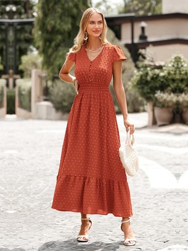 Image of PRETTYGARDEN Womens Dresses 2026 Summer Maxi Dress Boho Short Sleeve V Neck Swiss Dot Ruffle Tiered Smocked Flowy Long Dress