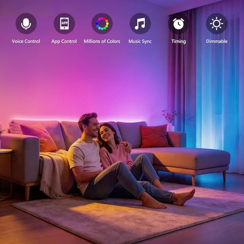 Image of FONEWE Smart WiFi LED Lights 50 ft Remote Control Through APP Led Strip Lights Supports Alexa and Google Assistant Timing Function RGB Color Changing LED Lights for Bedroom and Party
