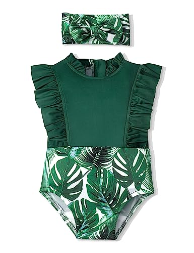 Bavader Baby Swimsuit Girl Baby Girl Swimsuit 12-18 Months One Piece Ruffled Infant Swimsuit Girl Zip Baby Bathing Suit Girl Sleeveless Infant Girl Swimsuit Green Leaves Print #TOP5