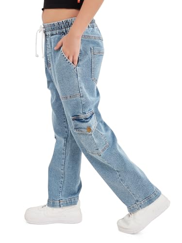 Image of olele Girls Super Jeans Collection for 4-14 Yrs | Stretchable Cotton Denim Trousers | Blue Jeans for Kids | Baggy Denim Pants | Cargo Pants for Girls