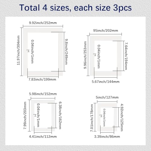 SOFPLATE 12 Stück Vorgeschnittenes Foto Passepartout Set 5 x 7in/6 x 8in/8 x 10in/10 x 12in Weißes Hohles Rechteckiges Papier Blankes Display Album Set Zubehör Für Fotos Bilder Wand Kunstwerk Dekor