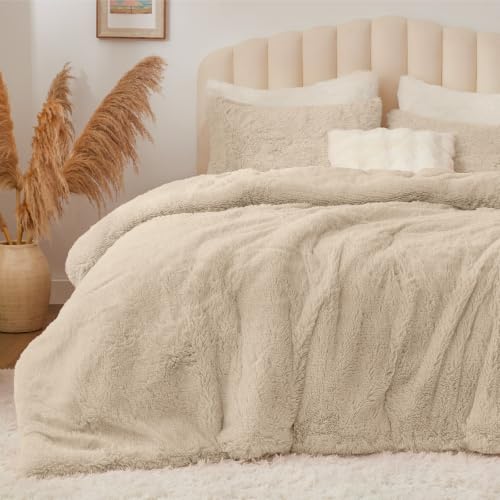 Image of BEDELITE Beige Fluffy Comforter Set Queen, Fuzzy Faux Fur Comforter