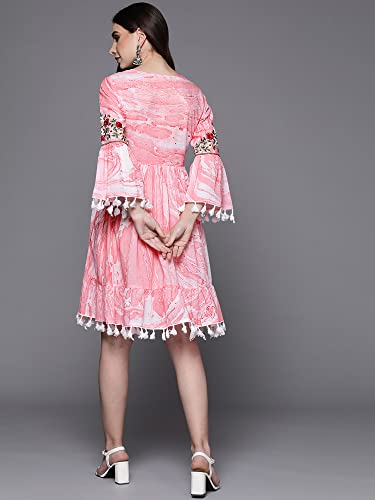 Image of INDO ERA Women Blue Embroidered Mid Thigh Length A-Line Ethnic Dress
