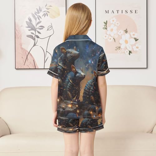 Satin Pajama Sets Short Sleeve Night Armadillos in Forest Button Down Silky Nightwear 2 Piece PJS 5-14Y4