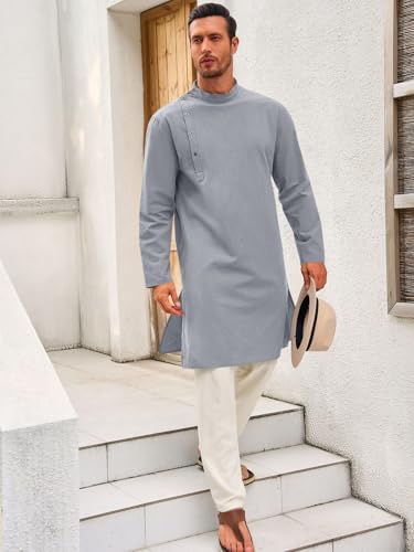 Image of Runcati Mens Kaftan Thobe Robe Long Sleeve Cotton Henley Shirt Casual Muslim Gown Salwar Kurta