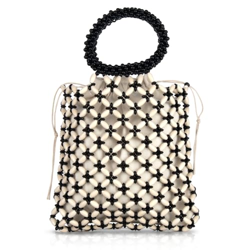 Image of YYW Unique Handmade Wooden Bead Tote Bag for Women, Small Handwoven Clutch Purses Woven Bucket Handbag and Drawstring Handbag