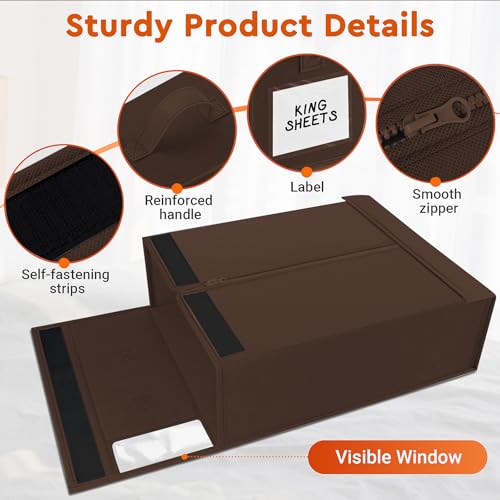Image of StorageTastic 2 Pack Bed Sheet Closet Organizers and Storage,Sturdy Foldable Storage Containers with Window and Label,Storage and Organization for Bedding Sheets,Duvet Covers,Blankets (Brown)