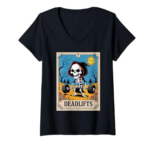 Mujer Divertida camiseta de entrenamiento con tarjeta de tarot de esqueleto The Deadlifter Camiseta Cuello V