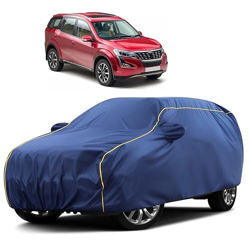 Image of Sulfar 100% Water Resistant Car Body Cover Compatible with Mirror for Mahindra Xylo (Triple Stitched, Full Bottom Elastic, Blue Taffeta with Yellow Piping)