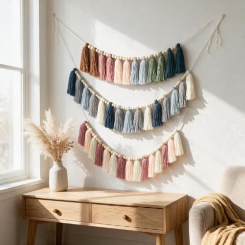 Image of DrCor Moody Boho Tassel Garland, Set of 3 with Natural Wood Beads - Vintage